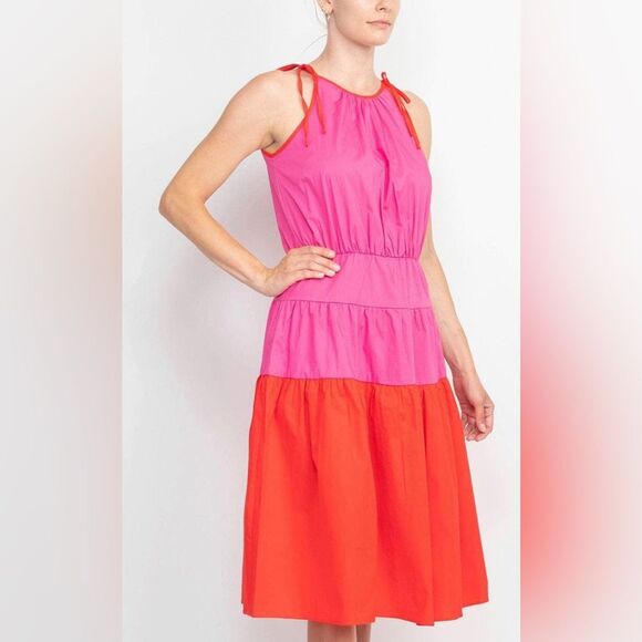 London Times Color Block Shoulder tie Halter A-line Dress - Picture 1 of 7